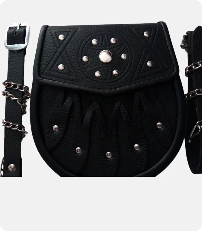 Black Three Tassel Leather Sporran With Chain Belt