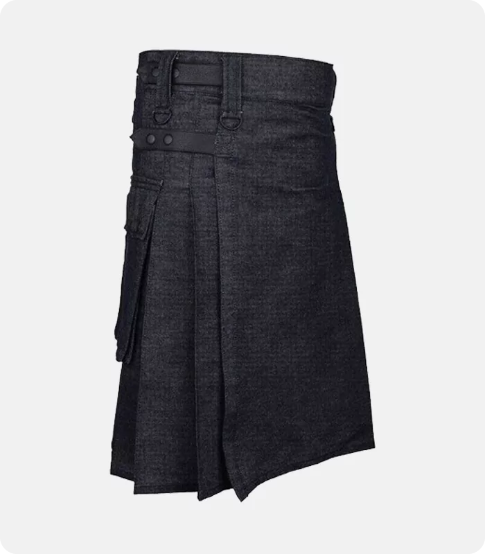 Custom Made Active Men Denim Utility Kilt Side