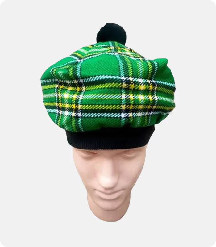 Irish Green Tartan Tam O Shanter Hat Front